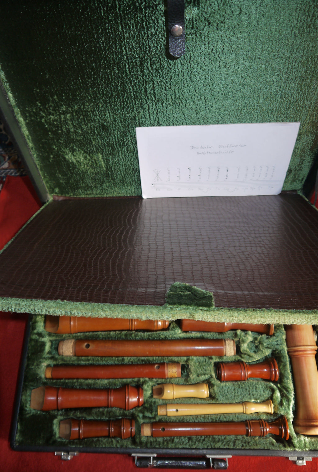 Large Recorder Case – Sopranino in F by Mollenhauer and Soprano in C, Alto in F, Tenor in C, Bass in F by Heinrichs, Model “Meister”
