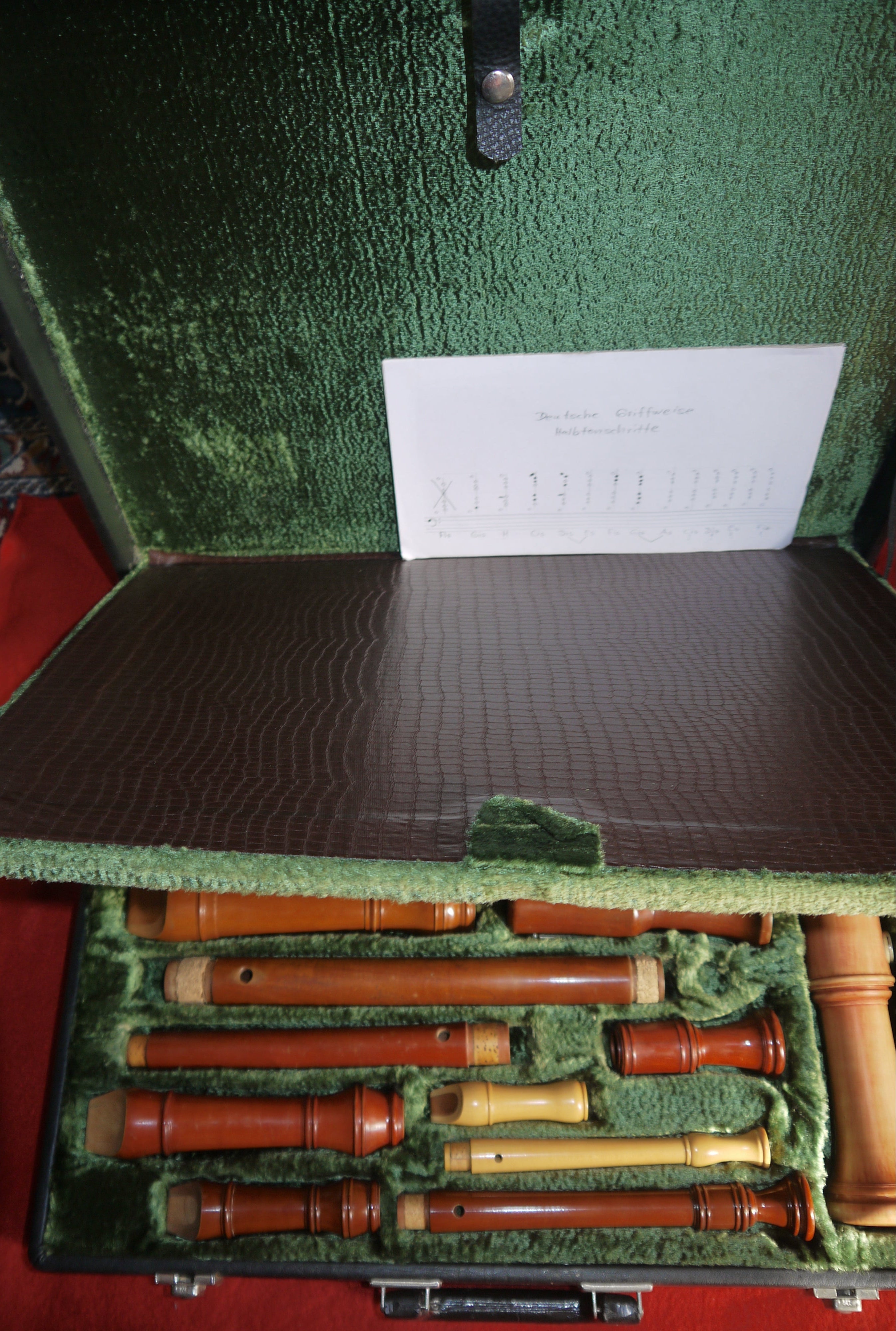 Large Recorder Case – Sopranino in F by Mollenhauer and Soprano in C, Alto in F, Tenor in C, Bass in F by Heinrichs, Model “Meister”